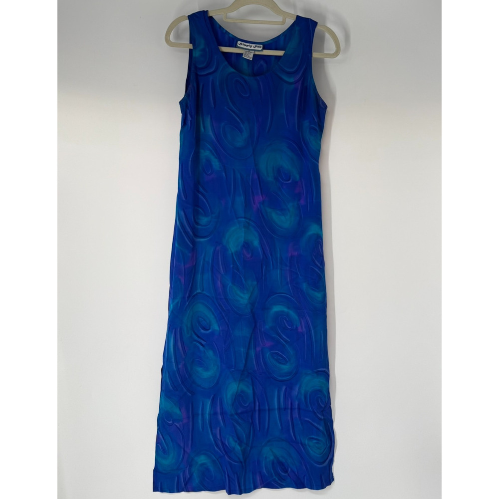 Simply Silk Abstract Maxi Dress Size L Blue Swirl Watercolor Sleeveless 90s Vtg